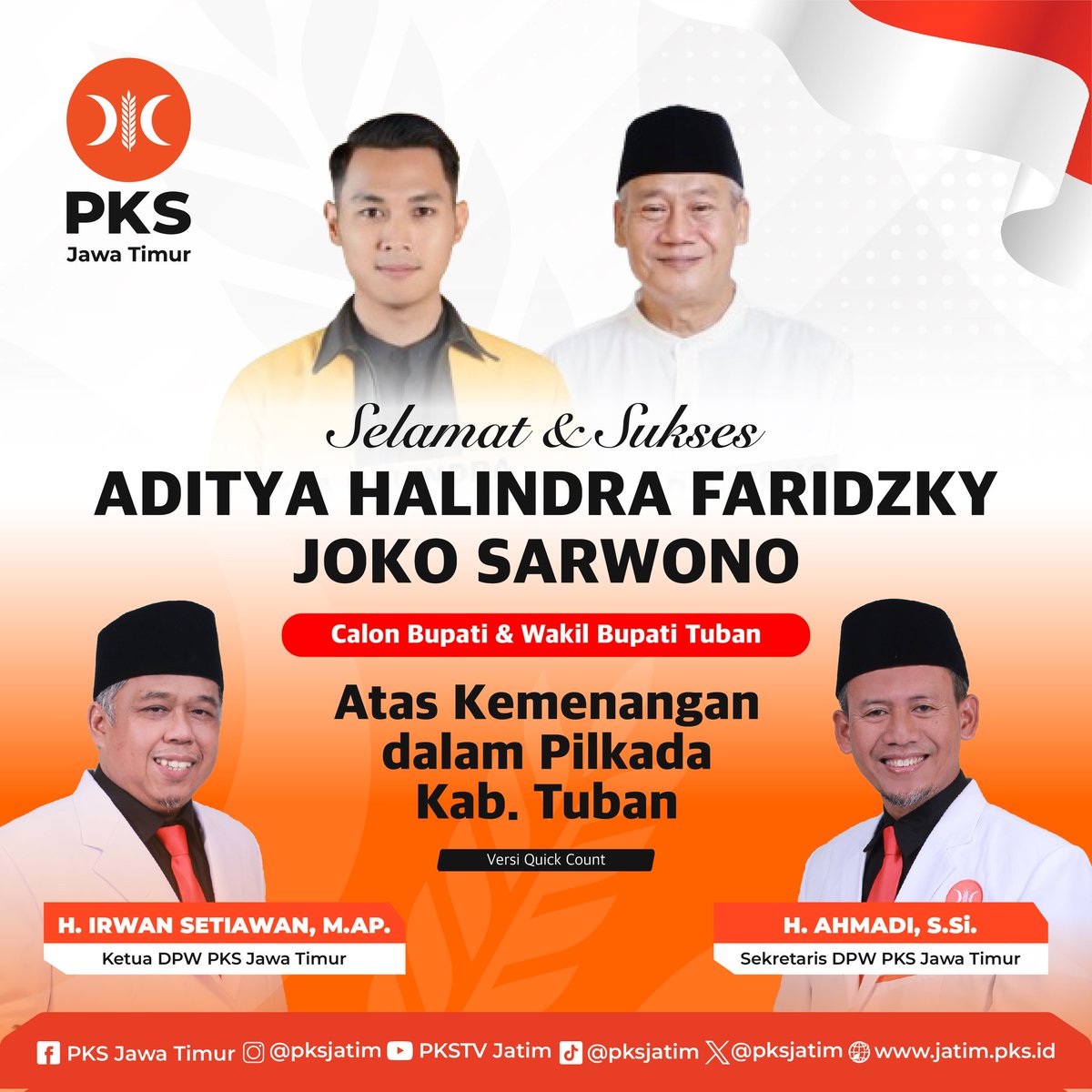 PKSJATIM's tweet image. Selamat &amp;amp; Sukses 

ADITYA HALINDRA FARIDZKY
JOKO SARWONO
Calon Bupati &amp;amp; Wakil Bupati Tuban

Atas Kemenangan dalam Pilkada Kab. Tuban

#pemenangpilkadatuban #pkstuban #pksjawatimur #partaikeadilansejahtera #pks