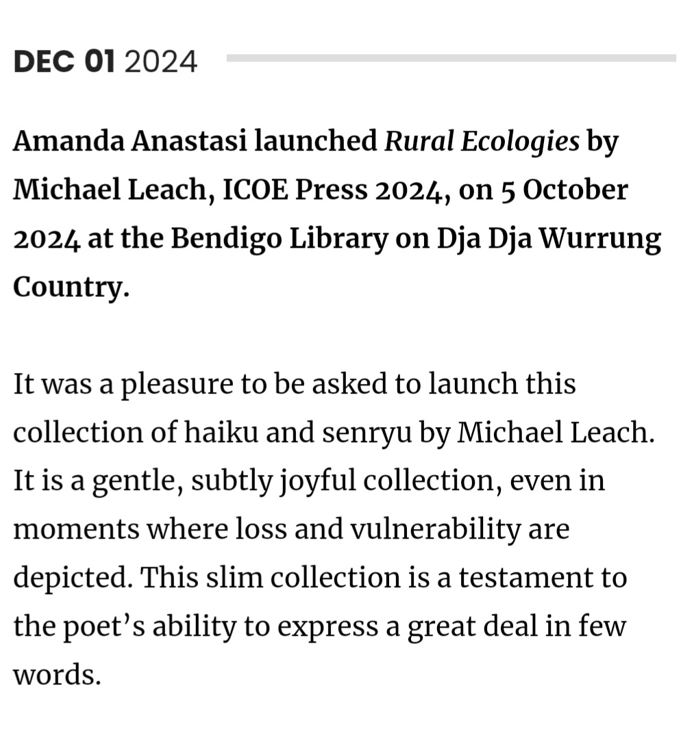 Grateful to Amanda Anastasi for writing, delivering and publishing the launch speech for my poetry book, Rural Ecologies (In Case of Emergency Press, 2024). You can visit <a href="/RochfordSReview/">Rochford Street Review</a> for the full speech
<a href="/BendigoLibrary/">Bendigo Library</a> #poetry #ecopoetry