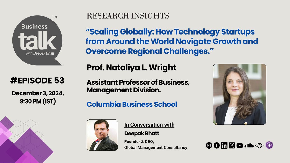 I am delighted to have Prof. <a href="/LangburdWright/">Nataliya Langburd Wright</a> join us on our #podcast.

Prof. Nataliya Wright is an Assistant Professor in the Management Division at <a href="/Columbia/">Columbia University</a> Business School. Her research, focusing on entrepreneurial strategy and the drivers of global entrepreneurial growth, has