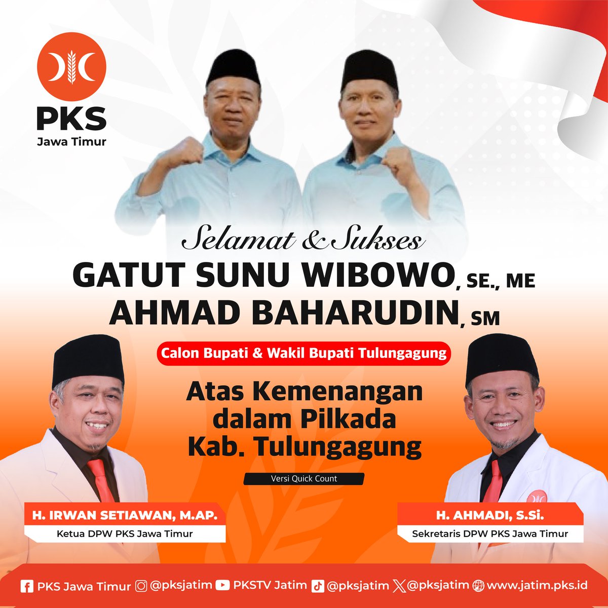 PKSJATIM's tweet image. Selamat &amp;amp; Sukses 

GATUT SUNU WIBOWO, SE., ME
AHAMD BAHARUDIN, SM
Calon Bupati &amp;amp; Wakil Bupati Tulungagung

Atas Kemenangan dalam Pilkada Kab. Tulungagung

#pemenangpilkadatulungagung #pkstulungagung #pksjawatimur #partaikeadilansejahtera #pks