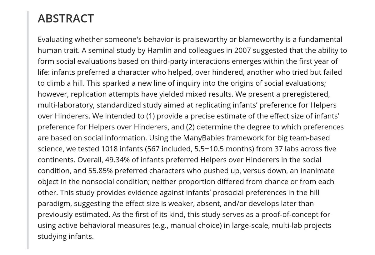 New ManyBabies large scale replication study fails to find support for a classic finding by Hamlin and colleagues from 2007 that babies prefer characters that show prosocial behavior. onlinelibrary.wiley.com/doi/10.1111/de…