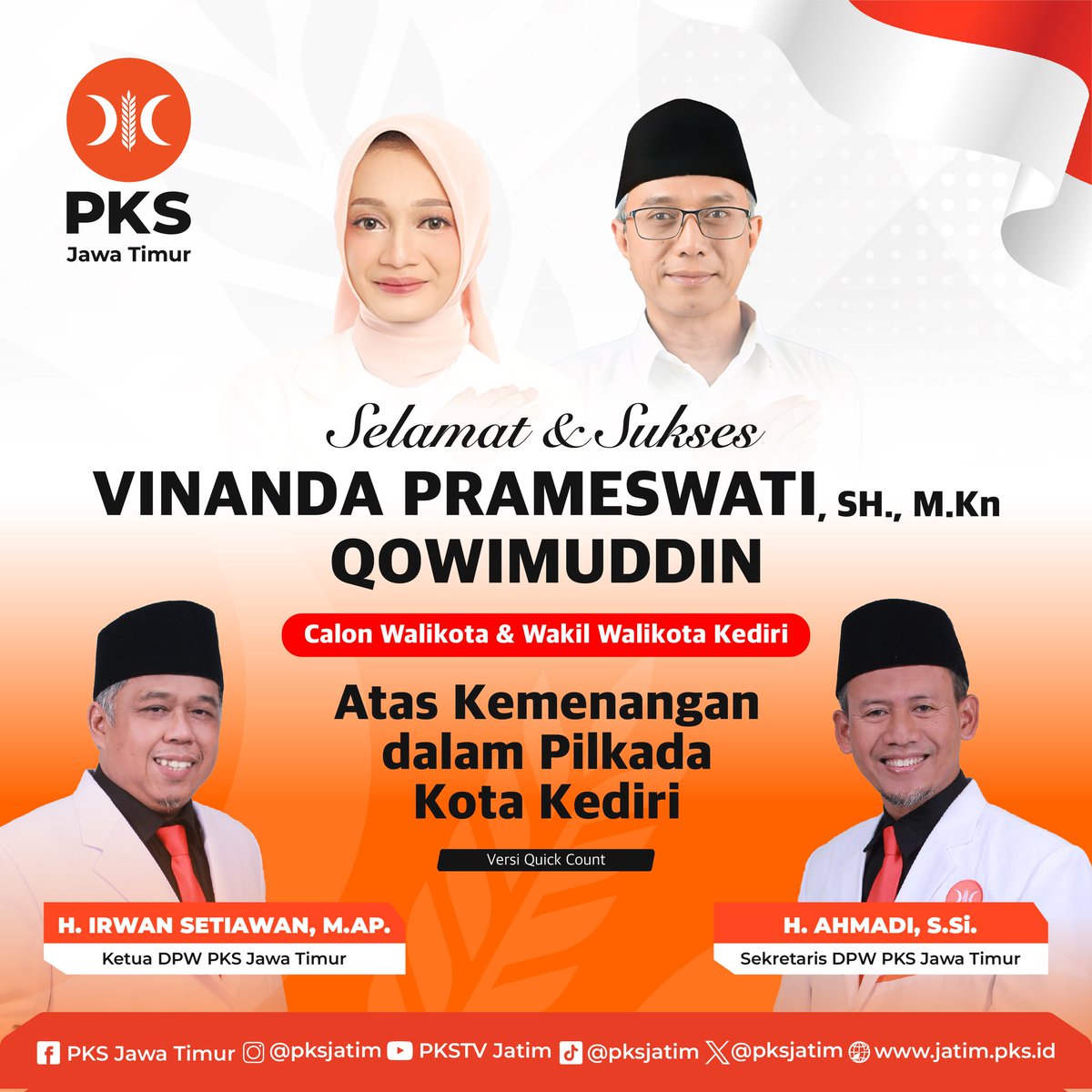PKSJATIM's tweet image. Selamat &amp;amp; Sukses 

VINANDA PRAMESWATI, SH., M.Kn
QOWIMUDDIN
Calon Walikota &amp;amp; Wakil Walikota Kota Kediri

Atas Kemenangan dalam Pilkada Kota Kediri

#pemenangpilkadakotakediri #pkskotakediri #pksjawatimur #partaikeadilansejahtera #pks
