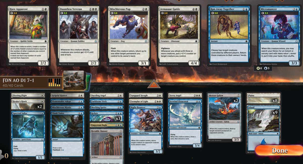 TomGalstian's tweet photo. 5-3 into 7-1 for a Day 2 qualification in the #MTGFDN Arena Open. UW fliers really came together, with 11 of 16 creatures taking to the skies! Better lucky than good, all 3 final OPs took a mull on the play. Looking forward to more core set Magic tomorrow @fireshoes https://t.co/alZaP4gMzx