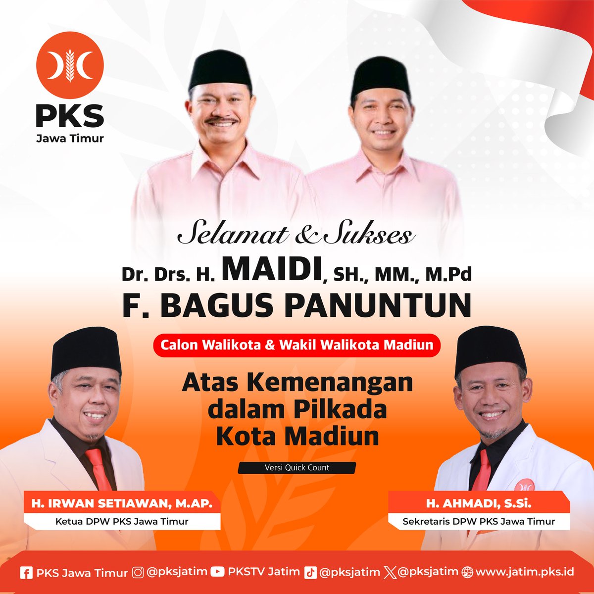 PKSJATIM's tweet image. Selamat &amp;amp; Sukses 

Dr. Drs. H. MAIDI, SH., MM,. M.Pd.
F. BAGUS PANUTUN
Calon Walikota &amp;amp; Wakil Walikota Kota Madiun

Atas Kemenangan dalam Pilkada Kota Madiun

#pemenangpilkadakotamadiun #pkskotamadiun #pksjawatimur #partaikeadilansejahtera #pks
