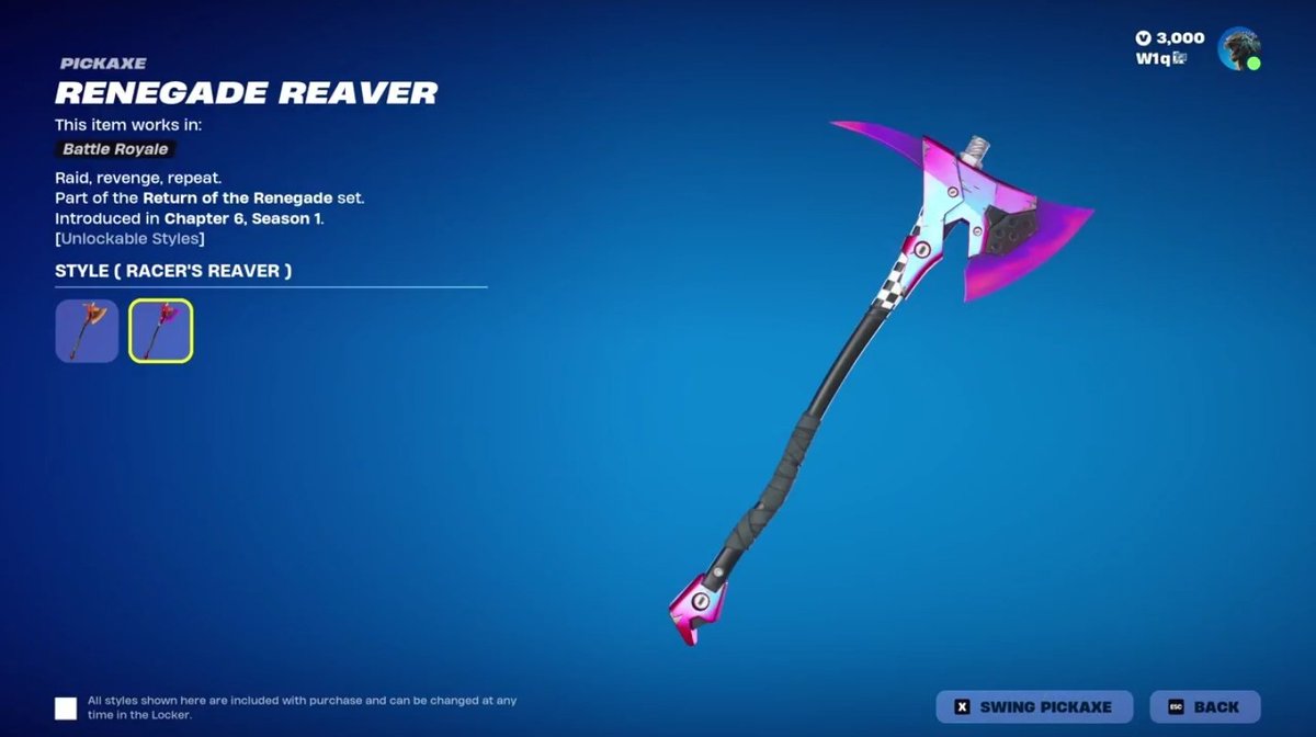 Renegade Reaver Pickaxe : 
#Fortnite #Ad #FortniteLeaks #FortniteNews #FortniteC6S1