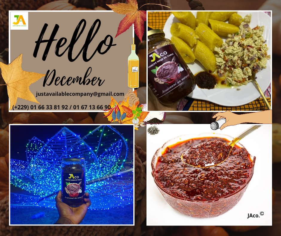 JAcompanyBenin's tweet photo. Bonjour ! 🌟 Le mois de décembre est enfin arrivé ! 🎄
‌Restez à l'écoute car de belles surprises arrivent bientôt ! 🌿🍅🍴 

☎️/✉️&amp; Wsp : (+229) 01 66 33 81 92 / 01 67 13 66 90
—————
#JAcompany #PimentNoirDeTable #Epicequipique 
#HotSpice🌶️ #Bénin #RetourEnForce #DécembreMagique https://t.co/DwQ8FEX2Qy