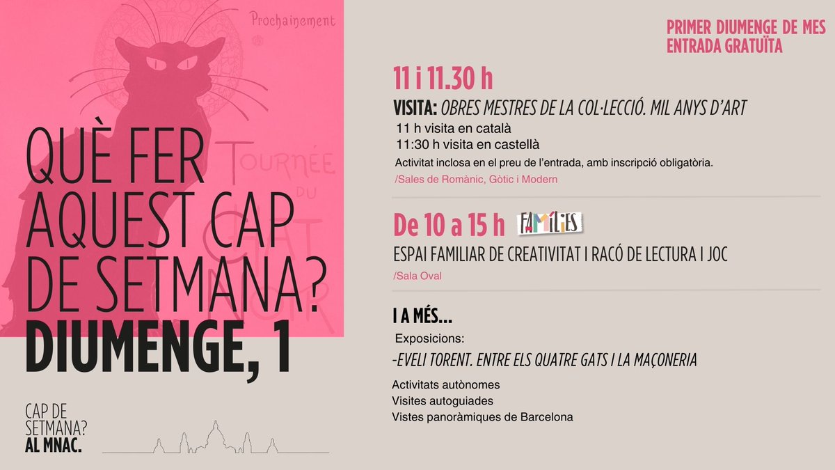 MuseuNac_Cat's tweet photo. Us ve de gust passar un diumenge envoltats de creativitat? ✨
Al #MNAC podreu veure el món a través de la mirada 👀 de diferents artistes a la visita "Obres mestres de la col·lecció: Mil anys d'art".
📲+ info: https://t.co/qdVFura7hK
#CapDeSetmanaMNAC https://t.co/qXYriC8GtW