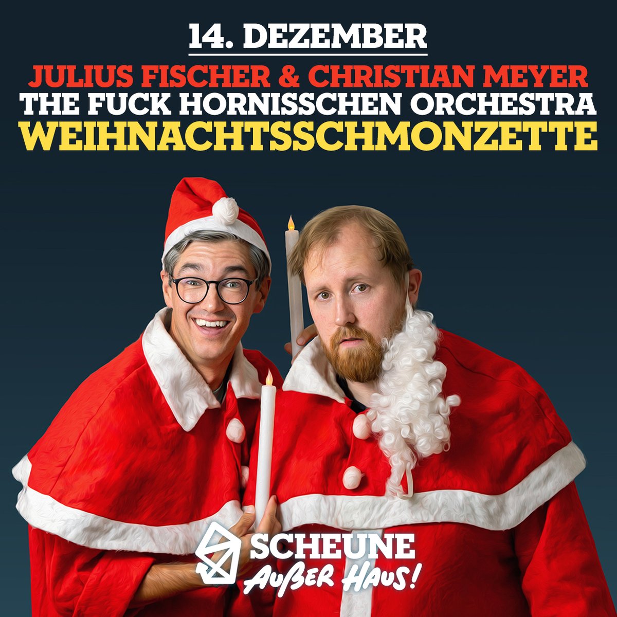Bald ist es soweit - Es schmonzt wieder! Die ausgezeichneten Weihnachtsprofis Julius Fischer und Christian Meyer zelebrieren mit Euch allen auf ihre unnachahmlich bescheuerte Art das Fest der Liebe! Tickets jetzt reservieren ❄️ scheune.org/show/4879/juli…