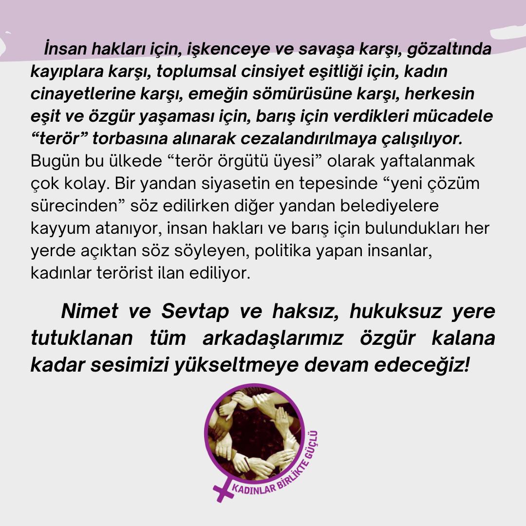 26 Kasım sabahı yapılan ev baskınlarıyla gözaltına alınan mücadele arkadaşlarımız Nimet Tanrıkulu ve Sevtap Akdağ tutuklandı.

Nimet ve Sevtap'a tanığız
Hukuksuz tutuklamalara son verin
Arkadaşlarımız özgür bırakılsın!

📌Açıklamamız ⤵️