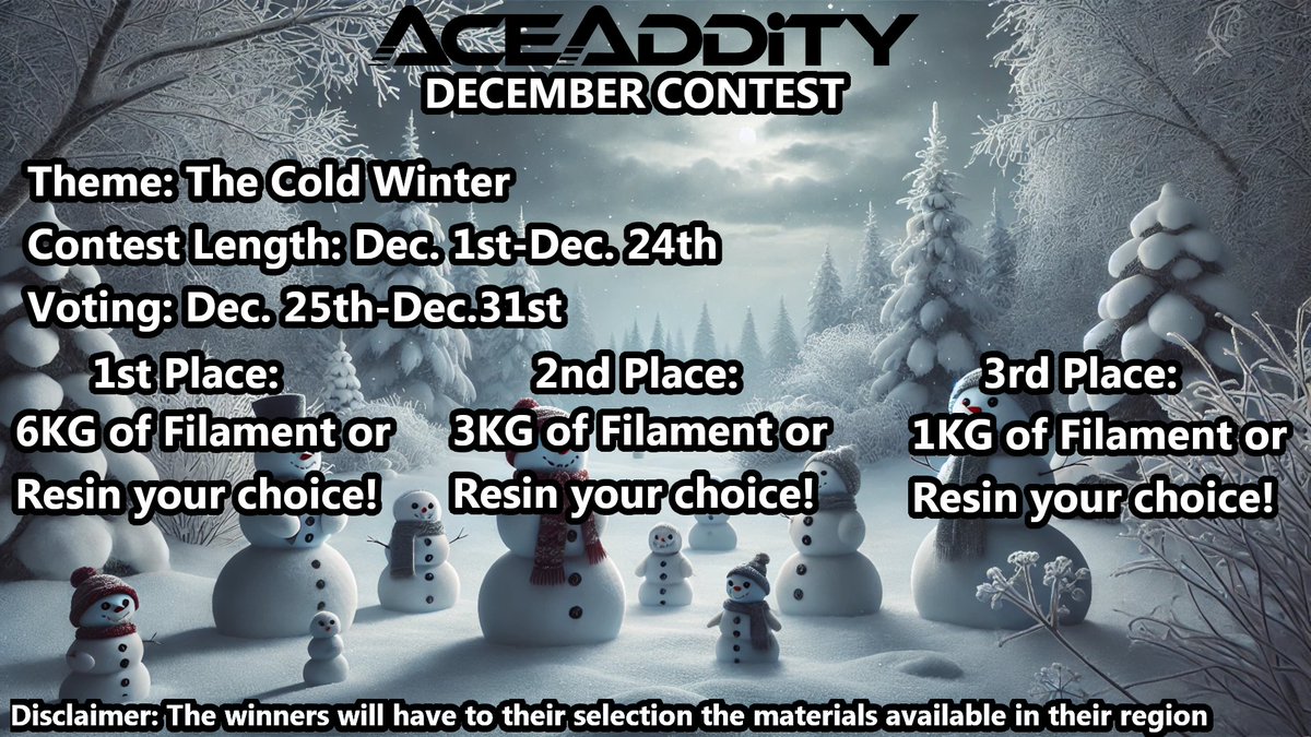 aceaddity's tweet photo. Our December #Contest is live now! Join our #Discord to enter for a chance to win the prizes!!! 
https://t.co/cEcRDtoeMk

#3DPrinting #Makers #3DPrintingCommunity  #3DDesign #3DPrinted #3DModeling #PrintYourWorld #Makerspace #ContestAlert #DesignChallenge #3DMaker #Aceaddity https://t.co/j6AkWg9prB