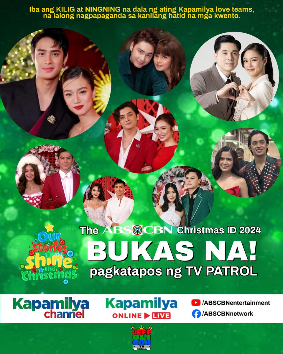 TOP KAPAMILYA LOVE TEAMS!!! Who's excited to see them?!

#ABSCBNChristmasID2024, BUKAS NA! 8 PM after <a href="/TVPatrol/">TV Patrol</a>! 🎄✨❤️💚💙

#ABSCBNChristmasID2024 #OurStoriesShineThisChristmas #KapamilyaForever #DonBelle #FranSeth #KDLex #MaThon #KimPau #KaoMiah #LoiNie #RKane