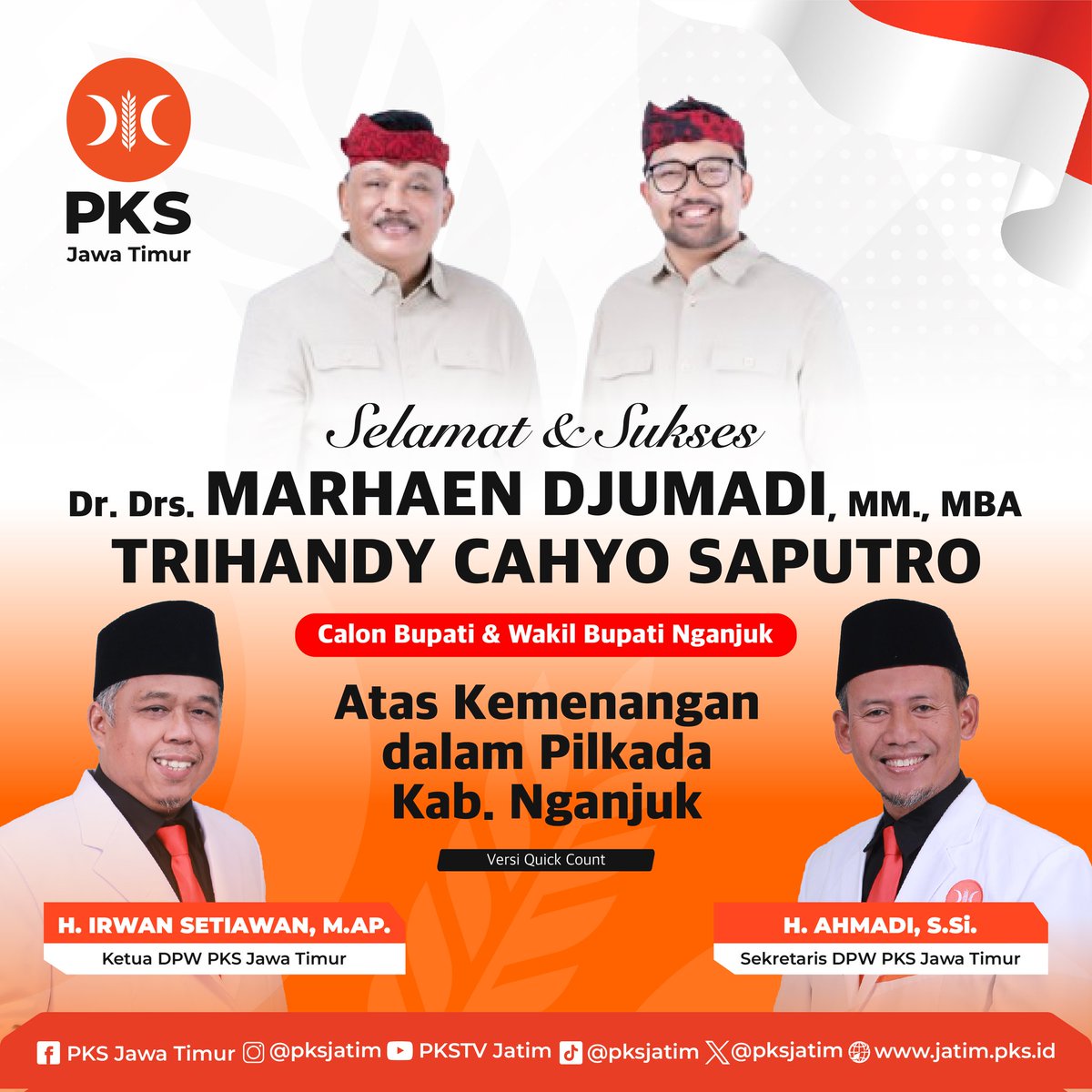 PKSJATIM's tweet image. Selamat &amp;amp; Sukses 

Dr. Drs. MARHAEN DJUMADI, MM., MBA.
TRIHANDY CAHYO SAPUTRO 
Calon Bupati &amp;amp; Wakil Bupati Kab. Nganjuk

Atas Kemenangan dalam Pilkada Kab. Nganjuk

#pemenangpilkadanganjuk #pksnganjuk #pksjawatimur #partaikeadilansejahtera #pks
