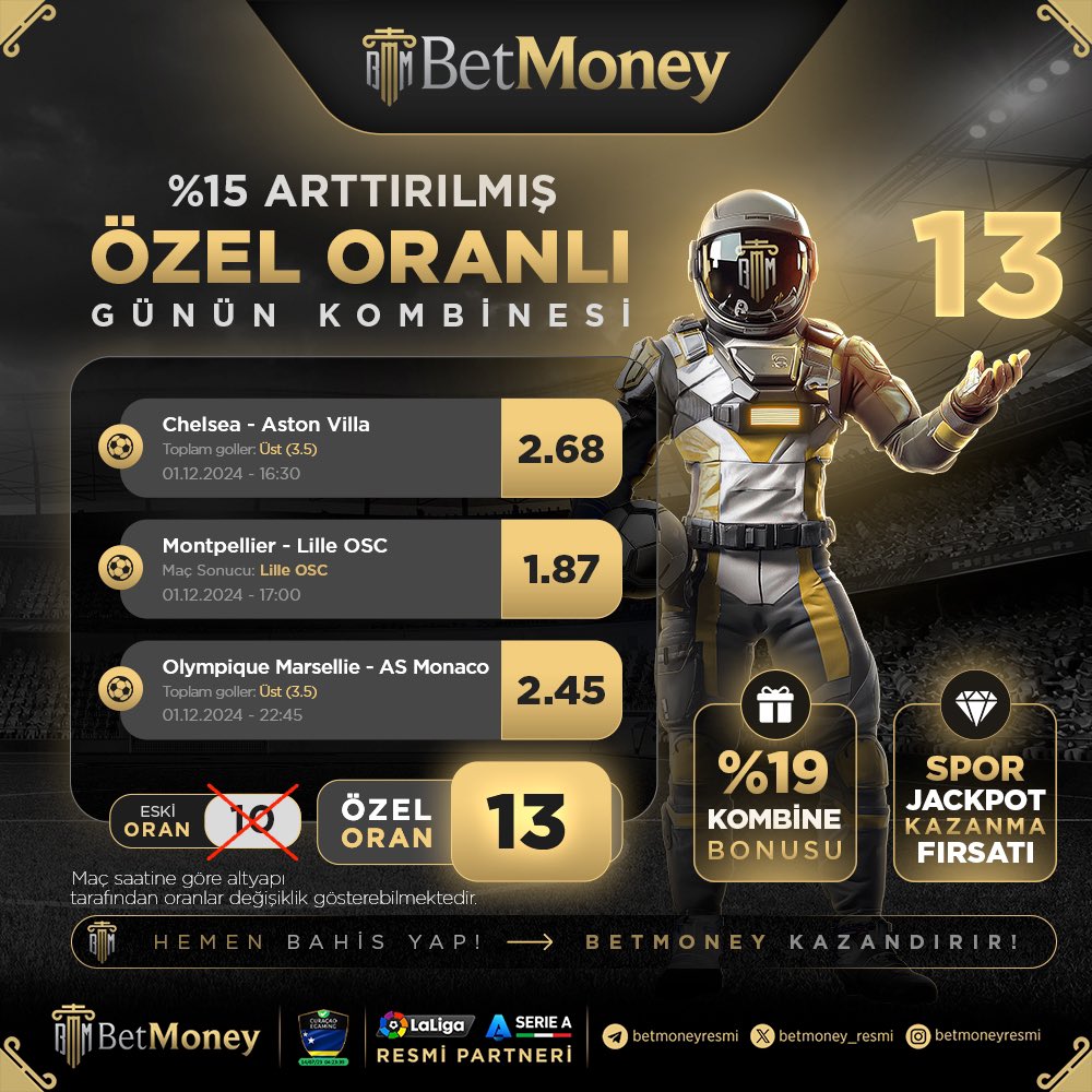 📣 BetMoney Kombine Bonusuyla %19'a Varan Oranlarla Extra Kazan!

💰 Artırılmış Oranlar ve Kombine Bonusu ile Daha Fazla Kazan!

🚀 Dünyanın ve Türkiye'nin Lisanslı En Güvenilir Bahis ve Casino Sitesi!

#BetMoney #KazananlarınYanında