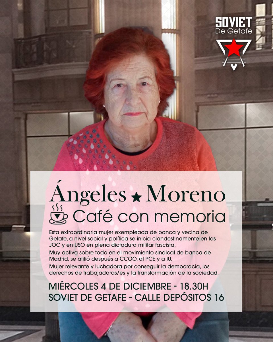 ¡¡Último #CafécConMemoria de 2024!!

En esta ocasión nos acompaña Ángeles Moreno, militante de la JOC y de USO durante el franquismo, y posteriormente de CCOO, PCE e IU. 

Ven a conocer a nuestras vecinas, ven a conocer la historia  de nuestro pueblo. ✊