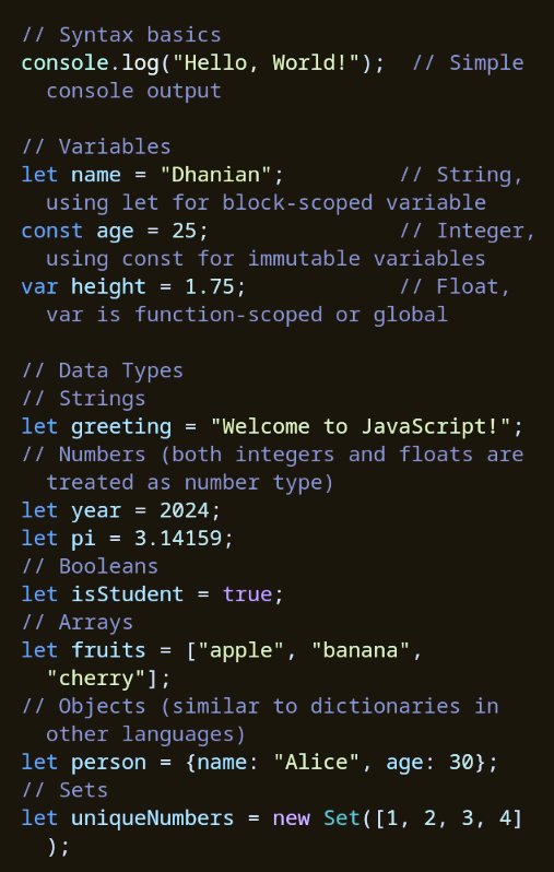 e_opore's tweet image. Learn JavaScript Syntax, Variables, and Operators. ⬇️
1. Syntax:
- JavaScript is case-sensitive.
- Statements end with a semicolon `;` (though optional in many cases due to automatic semicolon insertion).
- Use curly braces `{}` for code blocks like functions or conditionals.
-…