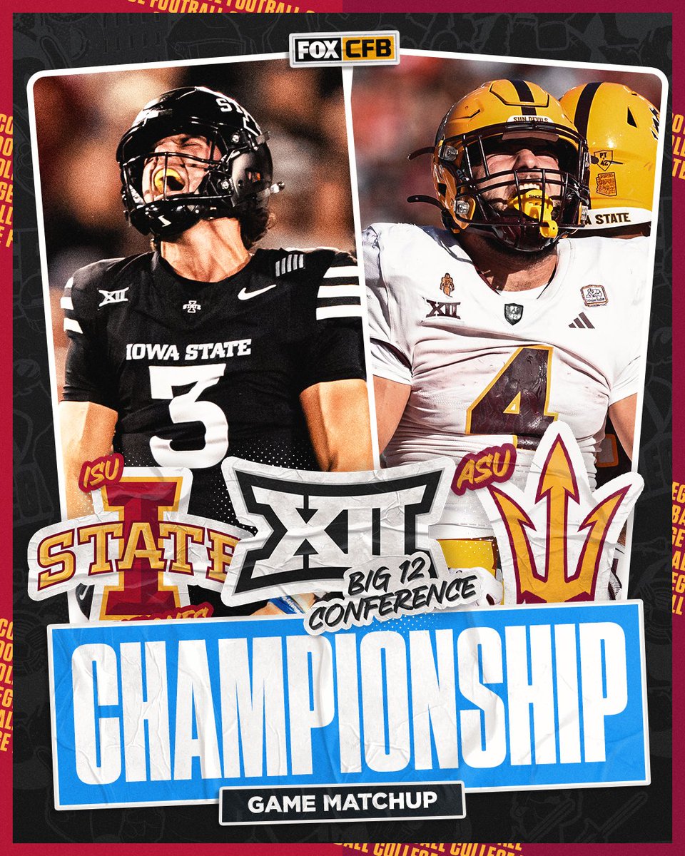 FOX College Football (@cfbonfox) on Twitter photo THE BIG 12 CHAMP GAME IS FINALLY SET 🙌
<a href="/ASUFootball/">Sun Devil Football</a> will take on <a href="/CycloneFB/">Iowa State Football</a> on Saturday in Arlington 🔱🌪️ THE BIG 12 CHAMP GAME IS FINALLY SET 🙌
<a href="/ASUFootball/">Sun Devil Football</a> will take on <a href="/CycloneFB/">Iowa State Football</a> on Saturday in Arlington 🔱🌪️