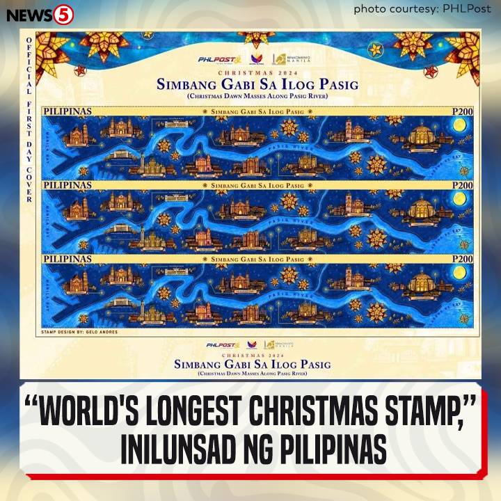 News5PH's tweet photo. Isinapubliko ng Philippine Postal Corporation #PHLPost ang "world's longest usable postage stamp" para sa #Pasko2024 sa Manila City Hall noong Biyernes, November 29. Pinangalanan itong "Simbang Gabi sa Ilog Pasig." #News5 https://t.co/OdXa5aCNyC