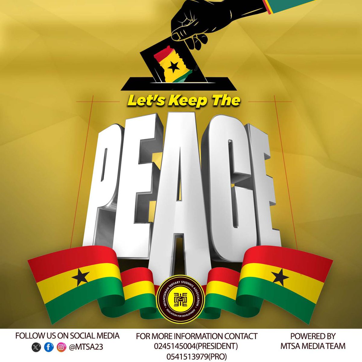 mtsa23_'s tweet photo. 🕊️ MTSA WISHES YOU PEACEFUL ELECTIONS! 🗳️🇬🇭

 *Mfantseman Tertiary Students Association* (MTSA) urges all members and the entire population to prioritize unity and tranquility. 🤝✨

Together, we can make Ghana proud! 🇬🇭🕊️ #mtsa #education4development https://t.co/GyU8jgqiJV