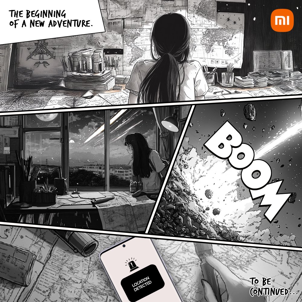XiaomiIndia's tweet photo. A desk cluttered with maps, sticky notes, and clues. A girl stares at her research wall, piecing together a cosmic puzzle. 
Suddenly, an asteroid streaks across the night sky and crashes into the Earth. Her phone buzzes: “Location detected.”

What mysteries await her on this quest? 🌠
Stay tuned to uncover the story!
#ComingSoon