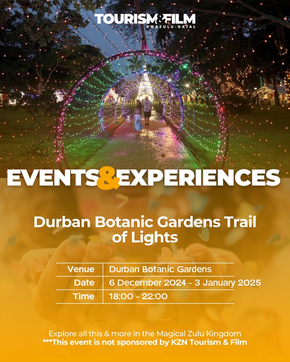 VisitKZN's tweet photo. THE DURBAN BOTANIC GARDENS TRAIL OF LIGHTS
π
Date: 06 December 2024 - 03 January 2025
π Venue: Durban Botanic Gardens
β° Time: 18:00 - 22:00
ποΈ Tickets: Webtickets (From R60)
#KZNEvents #SummerInKZN #VisitKZN https://t.co/ehAtuKzndA