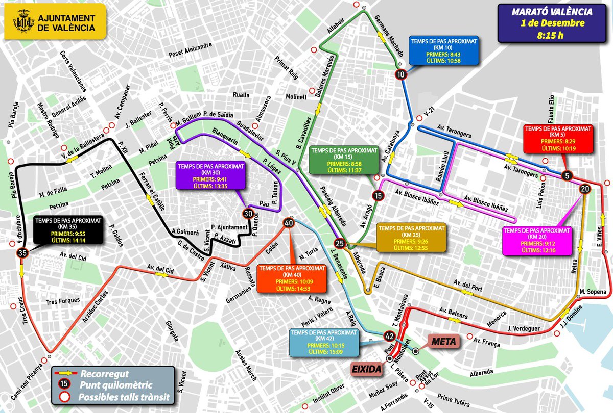 AjuntamentVLC's tweet image. 👟Bon dia, hui la ciutat s'ompli d'atletes i visitants amb la #MaratónValència 
⚠️Atenció a les afeccions i talls⭕al @TransitValencia i a les indicacions de la @policialocalvlc🚔 
 #42KValència🏃
👉Consulta el plànol i planifica el teu recorregut
👏Corre a animar🫶
⏰8:15h hores