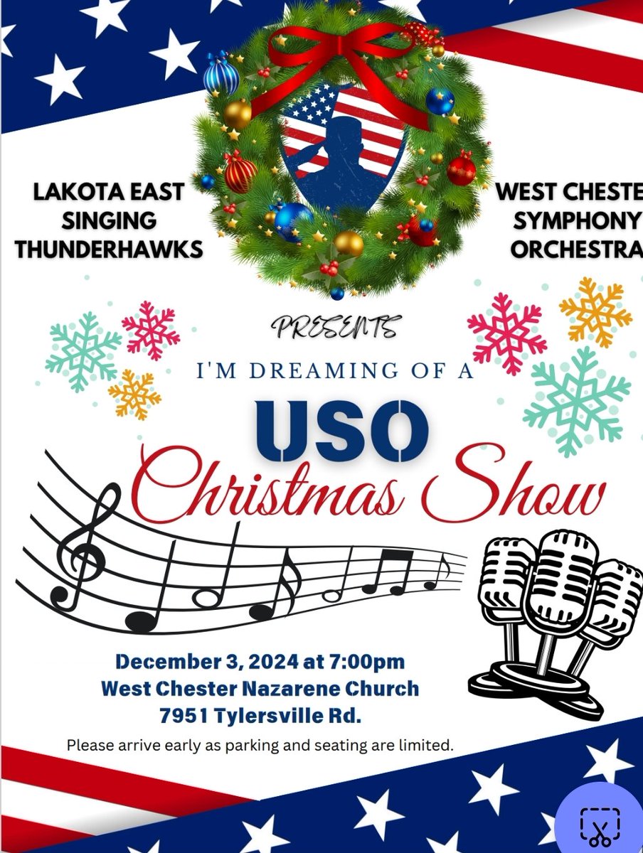 Join us for a festive evening featuring the West Chester Symphony &amp; the Lakota East Singing Thunderhawks on Tuesday, December 3rd. This year's concert will honor our veterans with a special performance titled "I'm Dreaming of an USO Christmas Show."
Come and celebrate with us!