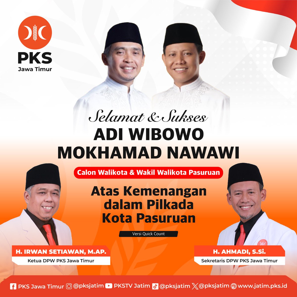 PKSJATIM's tweet image. Selamat &amp;amp; Sukses 

ADI WIBOWO
MOKHAMAD NAWAWI
Calon Walikota &amp;amp; Wakil Walikota Kota Pasuran

Atas Kemenangan dalam Pilkada Kota Pasuruan

#pemenangpilkadakotapasuruan #pkskotapasuruan #pksjawatimur #partaikeadilansejahtera #pks