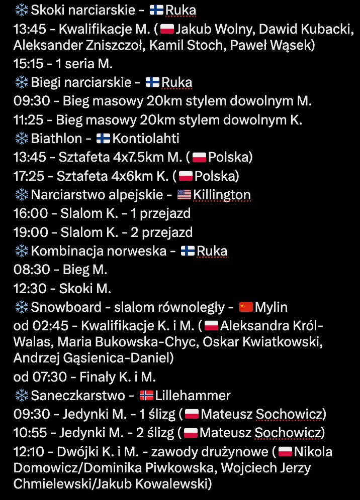 ZimoweSporty's tweet photo. Niedzielny rozkład jazdy dla kibiców sportów zimowych:
1/2
#SkiJumping #xcski #Biathlon #AlpejSKI #fisnoco #FILuge #Snowboard https://t.co/comIZ4hdIZ