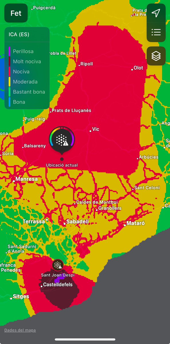 Seguim respirant merda a comarques. 
Un diumenge, sense tant de trànsit a Barcelona, estem igual que entre setmana. Ull, Barcelona centre ciutat en color 🟢