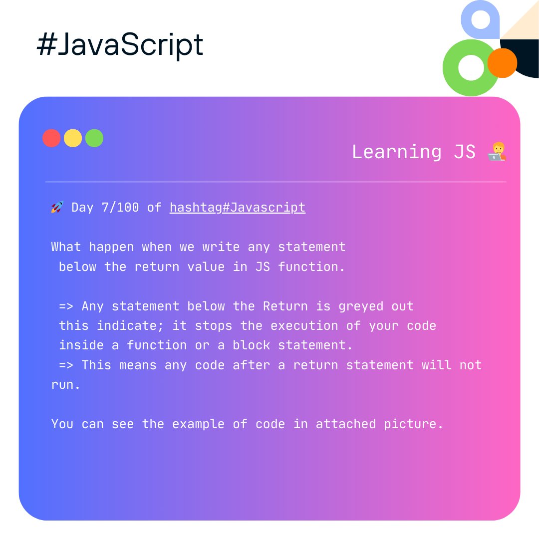 SinghVikram59's tweet image. 🚀 Day 7/100 of #Javascript

What happen when we write any statement
 below the return value in JS function.

#100DaysOfCode #TechThreads #KeepCoding #DevCommunity #CodingChallenge