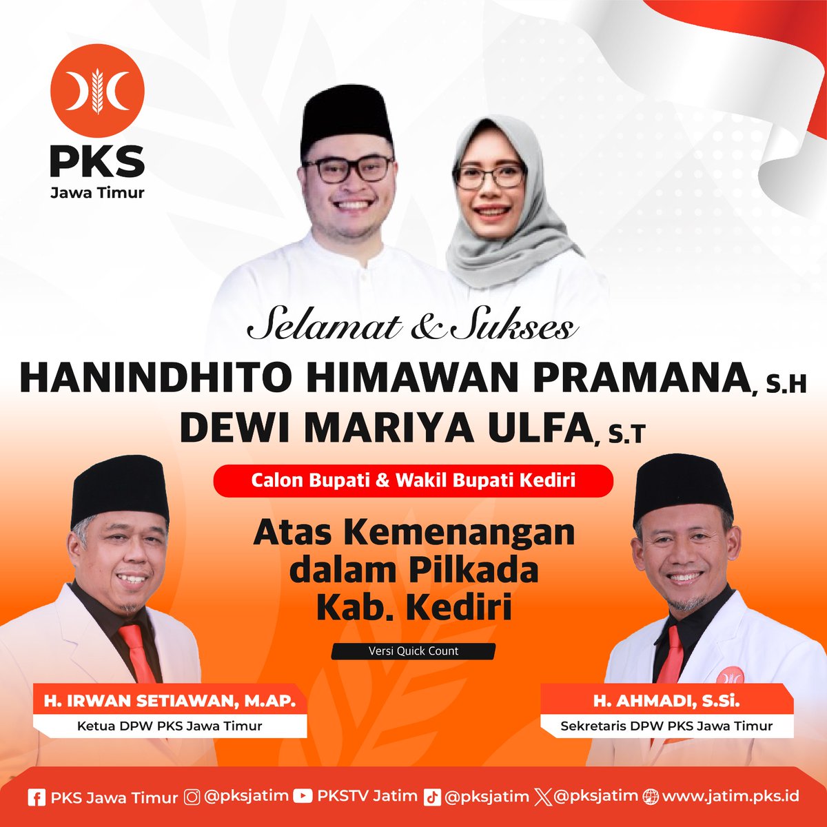 PKSJATIM's tweet image. Selamat &amp;amp; Sukses 

HANINDHITO HIMAWAN PRAMANA, S.H.
DEWI MARIYA ULFA, S.T.
Calon Bupati &amp;amp; Wakil Bupati Kab. Kediri

Atas Kemenangan dalam Pilkada Kab. Kediri
#pemenangpilkadakabkediri #pkskabkediri #pksjawatimur #partaikeadilansejahtera #pks