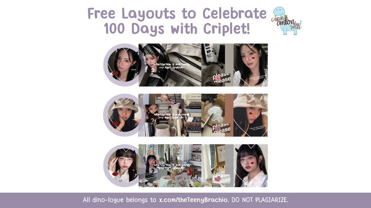 Reposts are appreciated, thank you! 🌟

Untuk merayakan 100 hari persahabatan Criplet, <a href="/pewonys/">ciya</a>, @swetbie, <a href="/dizeiary/">͏͏͏͏ً</a> mau bagi-bagi 6 FREE LAYOUT READY STOCK! #CRIKITIWmoments🐿️🩰 

List chara di ALT. Rules-nya ada dibawah ya!

⏰ 20:20 WIB
🦕 War by DM

🌀 #zonauang #zonaBA