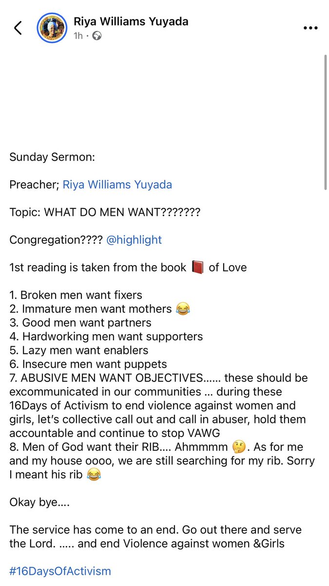 Sunday Sermon preached by Preacher <a href="/theonlyriya1/">Riya Yuyada:TheLightGoddess</a> …

Topic?? What do men want???

How can we collectively with men, stop violence against women and girls ??? And promote our rights???
<a href="/unwomenssudan/">UN Women South Sudan</a> <a href="/CrownTheWoman/">Crown The Woman</a> <a href="/rukayamohammedy/">Rukaya Mohammed</a> <a href="/Winnie_Byanyima/">Winnie Byanyima</a> <a href="/JacklineNasiwa/">Jackline Nasiwa</a> <a href="/deng_forbez/">Deng Forbez</a>