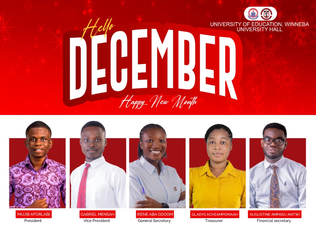Helloooo🥳 Everybody
*The management together with University Hall executives welcomes you to December to Remember 😁🥰*
Happy new month 🥳🥳🥳
 
Remember  election is 5 days from today.
*Stand for peace and stay safe*

*Abrempong!*
*OWNERS!!*

ISSUED BY
NINA SUGLO
(PRO)