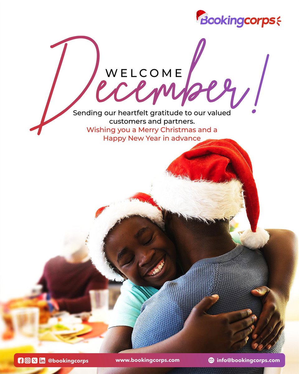 bookingcorps's tweet photo. π€ π As we welcome December, we extend our heartfelt gratitude to you for your support through out the year.
Merry Christmas and a Happy New Year in advance from all of us at BookingCorps ππ
#BookingCorps #HappyNewMonth #BookingWebsite #HotelBooking #CarRental https://t.co/z2lwwnunb0