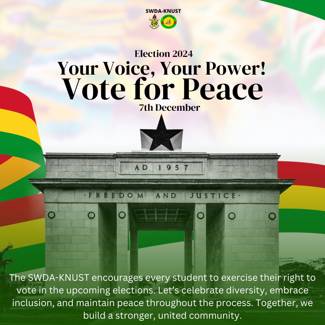 SWDA_KNUST's tweet photo. Let's all endeavour to exercise our rights.....your voice, your power 💯✨️...
VOTE FOR PEACE ❤️💛💚🖤 https://t.co/z85DJtlEsk