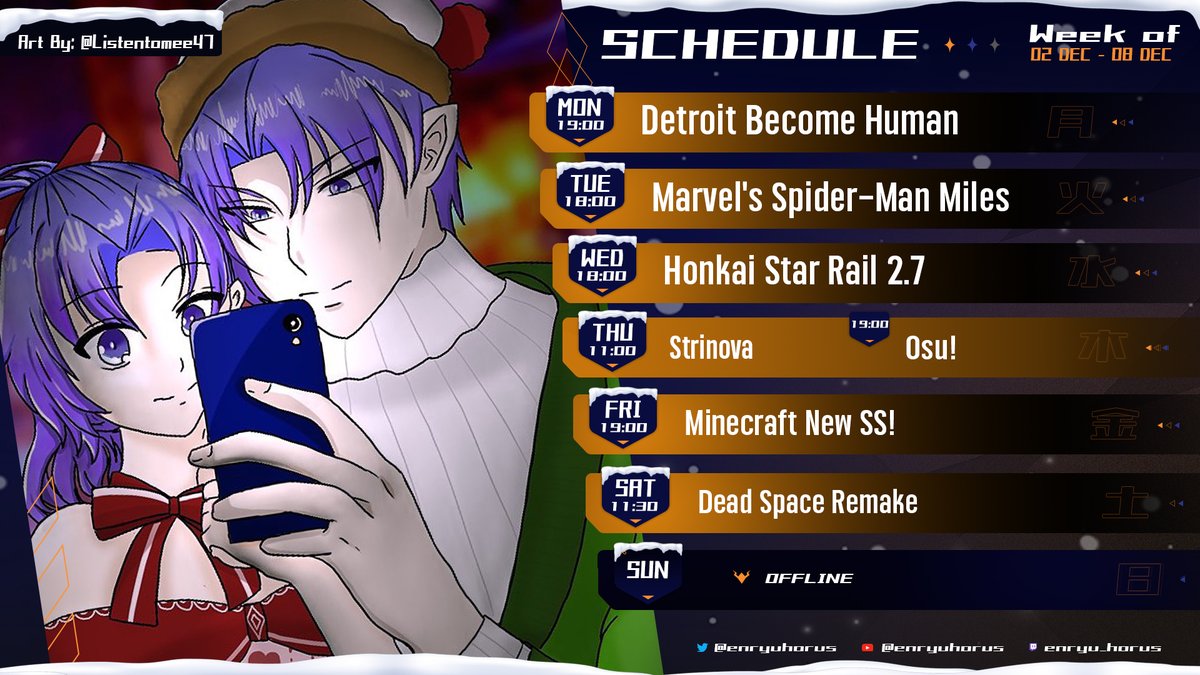 enryuhorus's tweet photo. 🔥Weekly Schedule Updates 02 - 08 December 2024☄️
🔥 HASHTAG!☄️
🔴Live: #HorusLIVE
🎨Fanart #HorusFA
📆Schedule: #Horusป้ายเควส
🗿MEME: #HorusMEME
🔞Fanart 18+: #HoruSUS
🛡️Fan Name: #ไข่มังแงว / #เหล่าไข่มังแงว
#Horusป้ายเควส #ไข่มังแงว #เหล่าไข่มังแงว #Vtuber #VtuberTH https://t.co/KFZNl5JahC