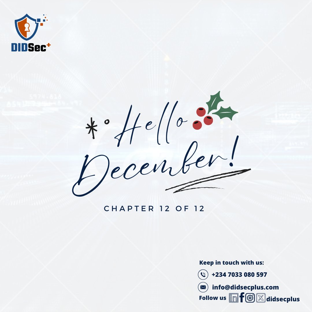 didsecplus's tweet photo. Happy New Month! 🎉 As we enter December, we at DIDSECPLUS thank you for your trust. We're committed to keeping you secure as we count down to 2025. Wishing you a joyous and safe festive season!
#Didsecplus #ITServices #ITConsulting #December https://t.co/2KscbSbSi1