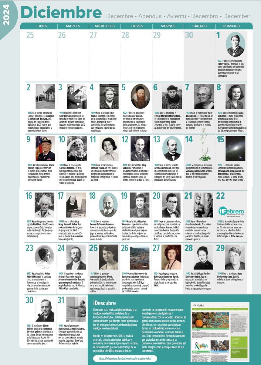 Mujeres Con Ciencia (@mujerconciencia) on Twitter photo ¿Reconoces a las científicas del mes de diciembre en el <a href="/CalCientifico/">Calendario Científico Escolar</a> 2024?
mujeresconciencia.com/2024/01/12/cal… ¿Reconoces a las científicas del mes de diciembre en el <a href="/CalCientifico/">Calendario Científico Escolar</a> 2024?
mujeresconciencia.com/2024/01/12/cal…
