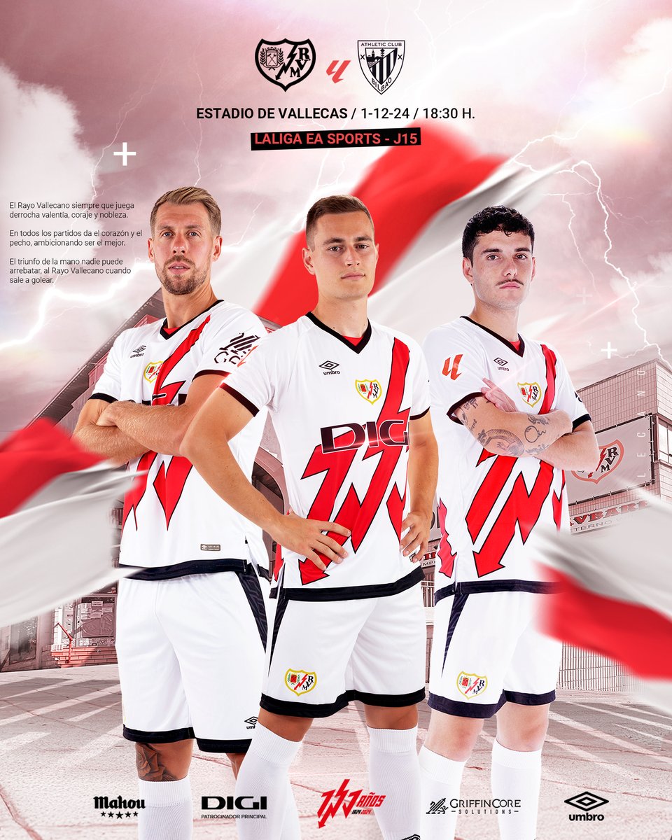 RayoVallecano's tweet photo. ⚡ ¡𝗛𝗢𝗬 𝗝𝗨𝗘𝗚𝗔 𝗘𝗟 𝗥𝗔𝗬𝗢 𝗘𝗡 𝗩𝗔𝗟𝗟𝗘𝗖𝗔𝗦!⚡️
🏆 Jornada 15 #LALIGAEASPORTS 
🆚 @AthleticClub 
🏟️ Estadio de Vallecas
🕡 18:30 horas
#RayoAthletic #VamosRayo https://t.co/QW7AuDi5Bf