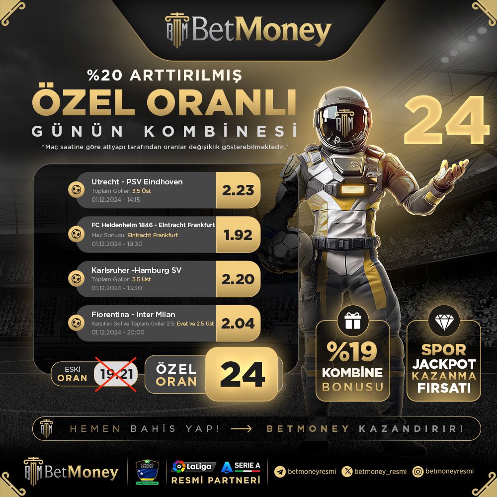 📣 BetMoney Kombine Bonusuyla %19'a Varan Oranlarla Extra Kazan!

💰 Artırılmış Oranlar ve Kombine Bonusu ile Daha Fazla Kazan!

🚀 Dünyanın ve Türkiye'nin Lisanslı En Güvenilir Bahis ve Casino Sitesi!

#BetMoney #KazananlarınYanında