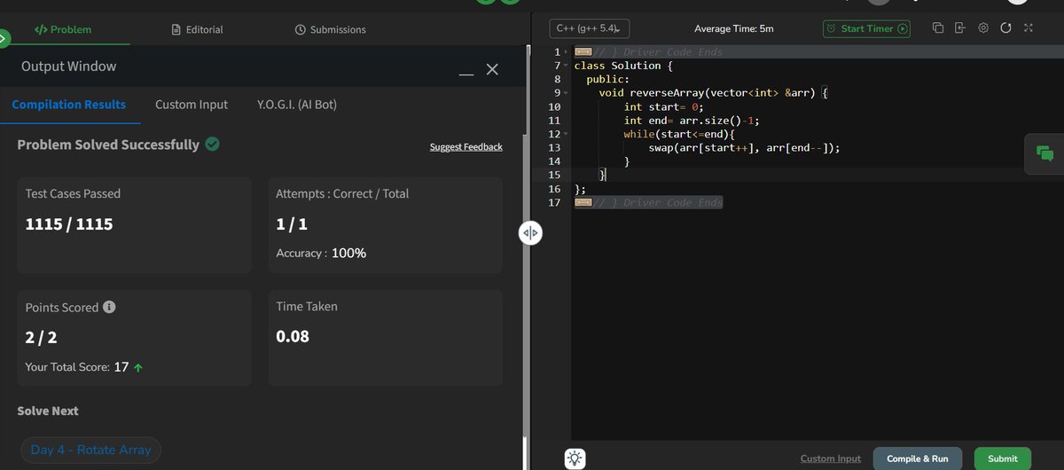 PearlV70706's tweet photo. Day 2 of #gfg160 
- Optimized yesterday's pushing 0s at the end in O(n) and O(1), learnt about stable_partition[ O(nlogn) ]

- Reverse an array

#womenintech @geeksforgeeks #geekstreak2024 https://t.co/U7uDzbjAoP