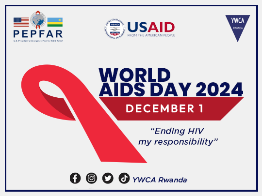 YWCARwanda's tweet photo. Today on World AIDS Day, we stand with the millions infected and affected by the HIV virus. This day is a reminder to raise awareness about AIDS, its prevention, and available treatments. 
 Let's educate ourselves and fight stigma as we commemorate under the theme "Ending HIV, My Responsibility."
#WorldAidsDay2024 #EndHIV #EndHIVStigma