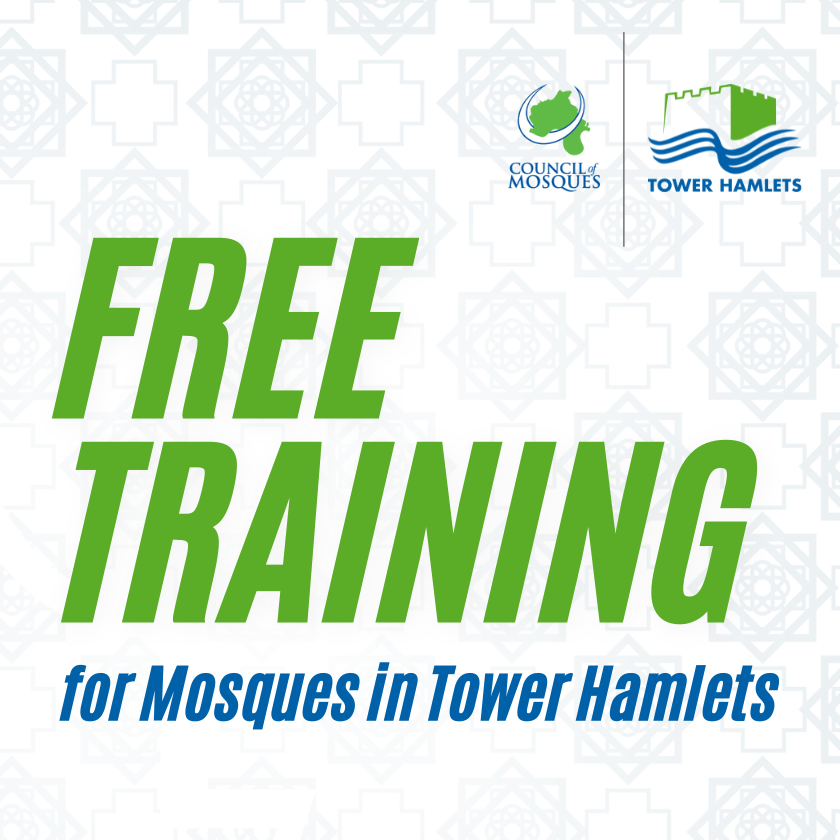 Free training for Mosques in Tower Hamlets.

-First Aid Awareness
-Safeguarding &amp; Child Protection
-Fires Safety Awareness
-Organisation Policies Checks

Dates will be announced later

 Register here: comth.org