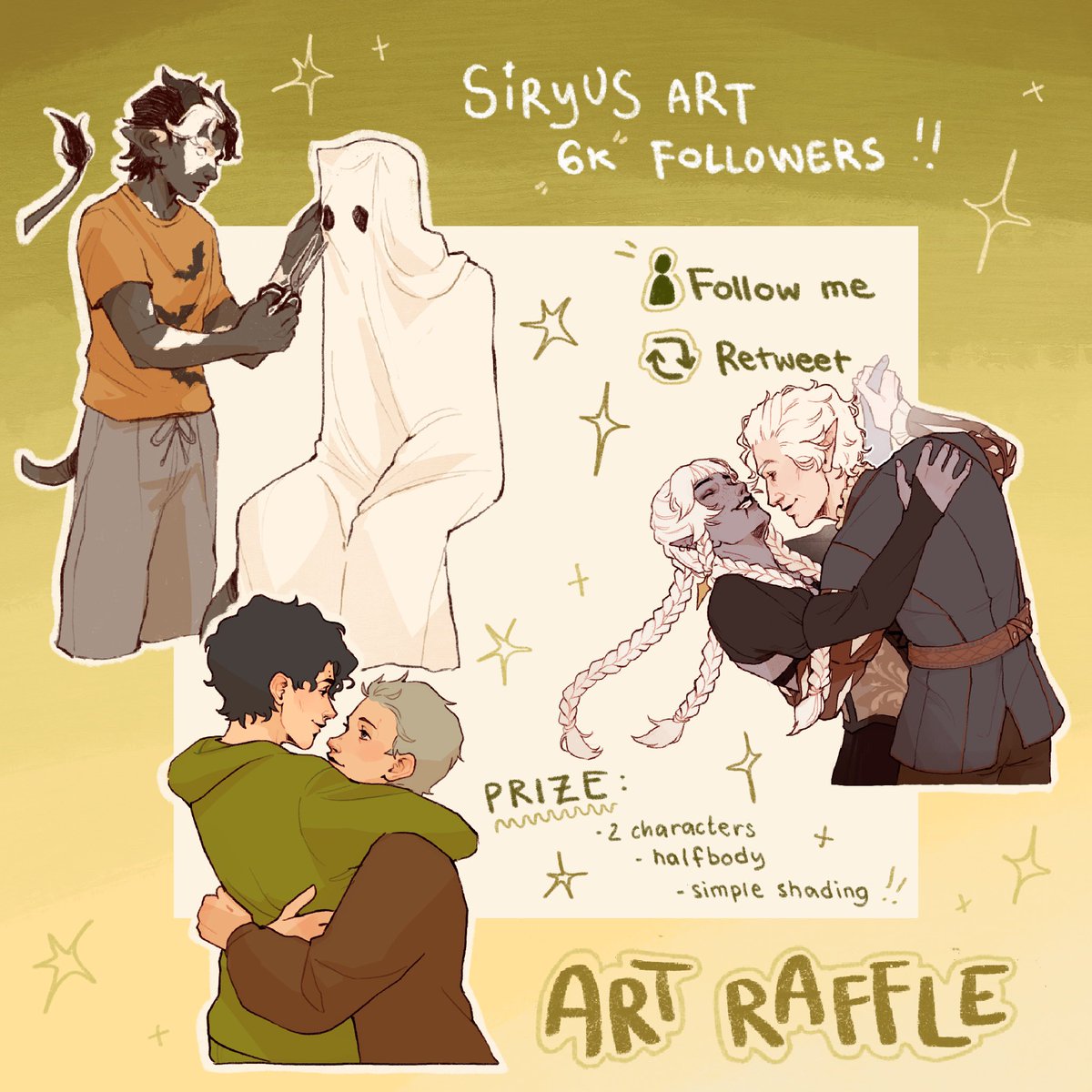 ✨6K ART RAFFLE✨

- RULES -
⭐️ follow me
⭐️ retweet this post
⭐️ (optional) you can leave the characters you’d ask for in the replies !

- PRIZE -
⭐️ couple half body, simple shading

⭐️ 1 winner will be announced on december 25th !!
just a little christmas gift

good luck!