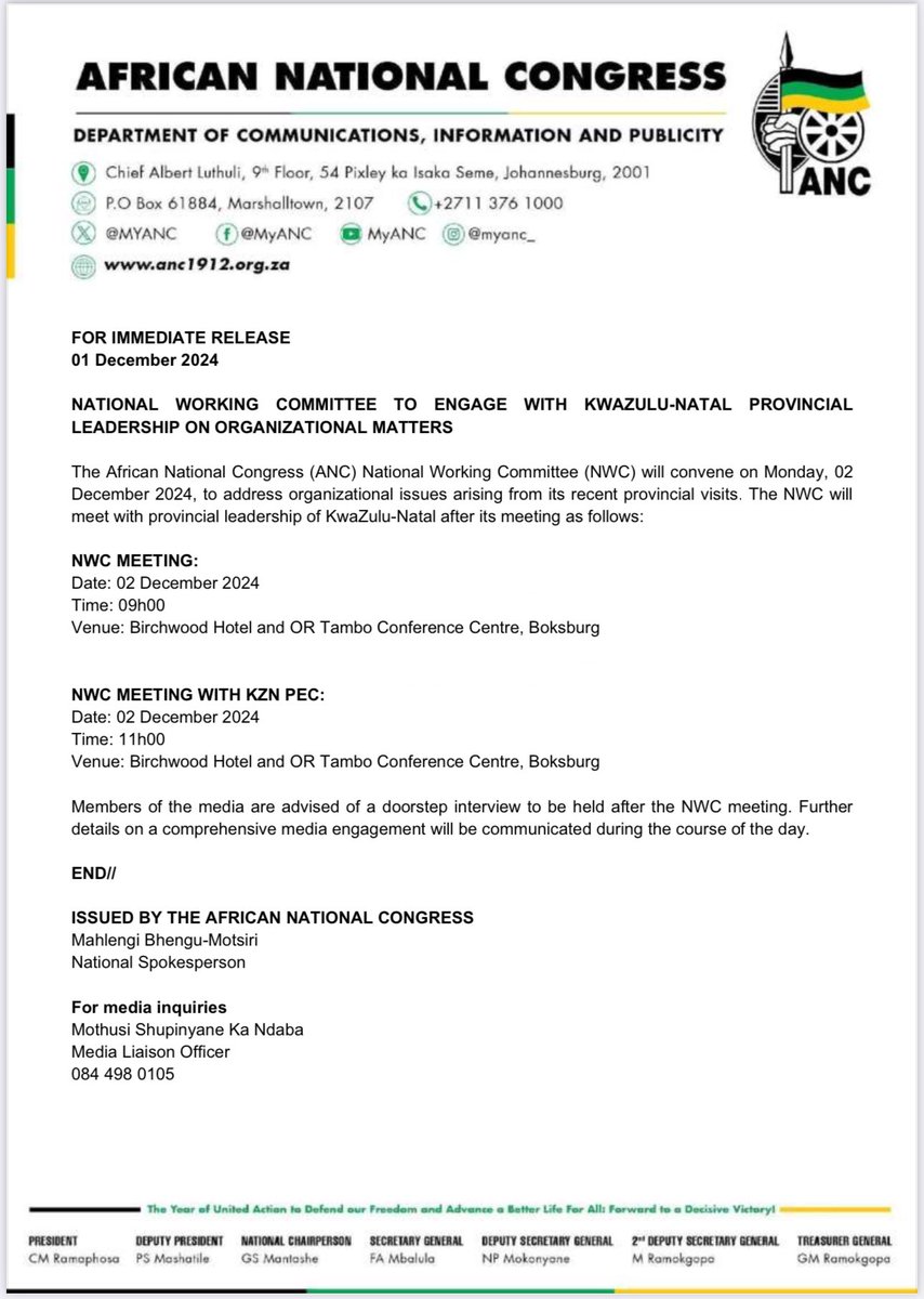 MbalulaFikile's tweet image. The African National Congress (ANC) National Working Committee (NWC) will convene on Monday, 02 December 2024, to address organizational issues arising from its recent provincial visits. 

#ANCNWC 
#LetsDoMoreTogether