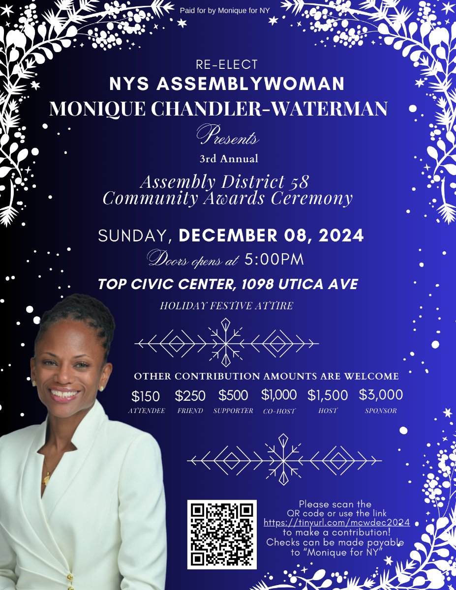 Happy Holidays,

You are coordially invited to my AD 58 Community Awards Ceremony on December 8. Doors open at 5 pm. Below is the link for your convenience.

secure.actblue.com/donate/mcwdec2…
