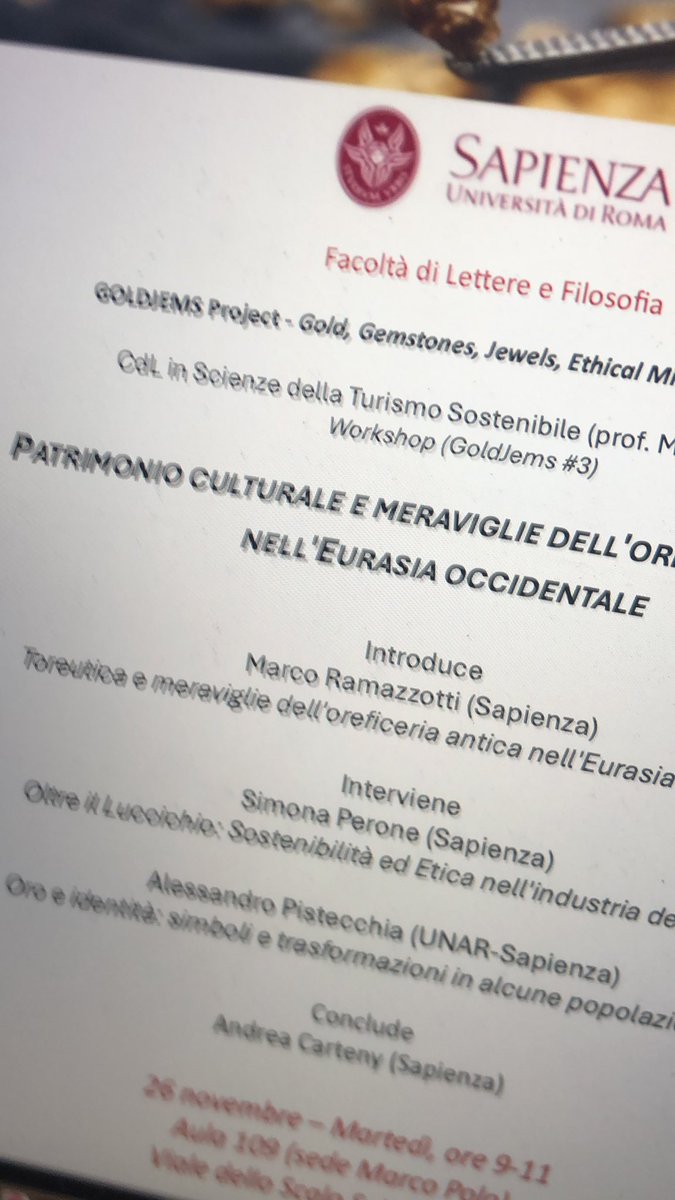 bandicary's tweet photo. Il 26 nov. con #turismosostenibile e il pres. cdl M.#Ramazzotti presentato in sede #SapienzaMarcoPolo #oreficeria e #gioielli nel #vicinoriente con S.#Perone su #sostenibilità e A.#Pistecchia su #simbologia #oro e #rom @AlessiaRutigli2 https://t.co/1PrucQnplQ