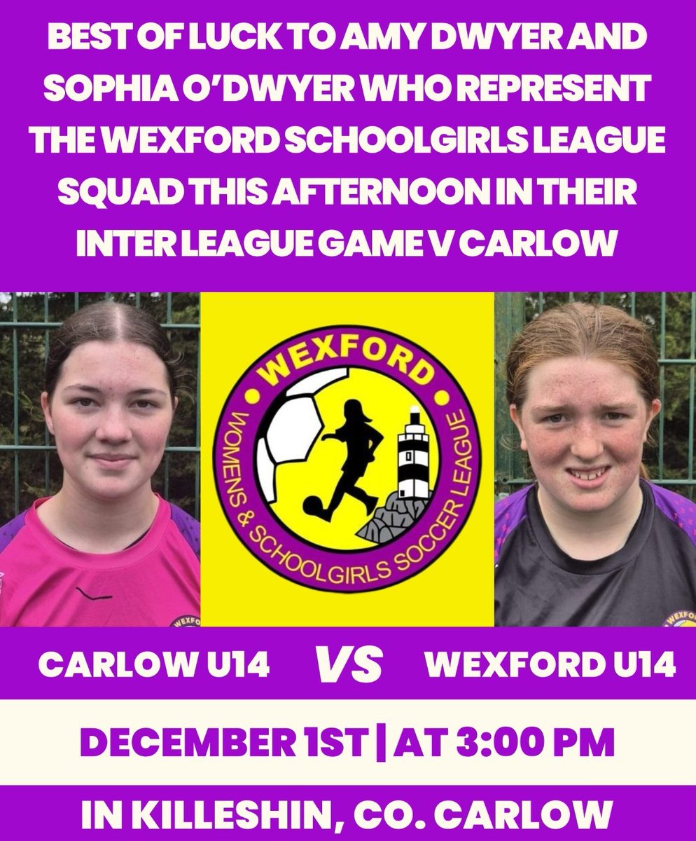 Sending our best wishes to Amy Dwyer and Sophia O'Dwyer who represent Wexford U14s this afternoon against Carlow. Best of luck girls.