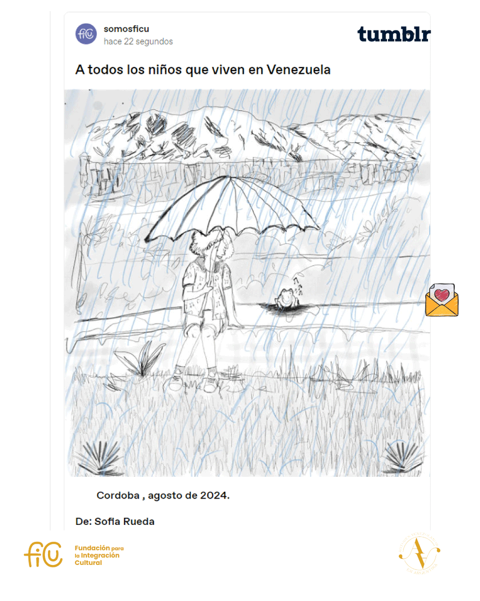 somosficu's tweet photo. Ya está disponible nuestra tercera "Carta de Amor por Venezuela"💌

Desde Córdoba, Argentina, Sofía Rueda nos regala una carta cargada de amor y esperanza, dedicada a todos los niños que aún viven en Venezuela. En ella, nos recuerda que los pequeños momentos, como el canto de los sapitos bajo la lluvia, tienen un valor especial que perdura en el corazón.

Córdoba, agosto de 2024

"Mi deseo para ti, además de verte libre, próspero, sonriente y soñador, es que puedas apreciar y vivir cada pequeño momento, y atesorarlo en tu mente y sentidos. El olor del café colado que preparan en tu casa a primera hora de la mañana es importante sentirlo, porque la infancia pasa, así que no te apresures a querer ser grande para ayudar más a tu familia.

Sé pequeño, juega, ríe, abraza fuerte, emociónate. La situación actual de nuestro país no es permanente, esto también pasará. Y todos estamos haciendo lo que podemos para que las cosas cambien y tu futuro sea brillante. Para que tus tíos, tus primos y tus amigos vuelvan a casa, y sobre todo, para que tú tengas la elección de estar donde desees."

📸 Ilustración: Lengua Peculiar y Singular @lengua_peculiar_singular
💌 Carta de: Sofía Rueda
📖 Con el apoyo de: @autoresvenezolanosarg

🔎 Lee la carta completa en nuestro Blog (Link en BIO) o copia y pega este enlace en tu navegador 👉 https://t.co/mFAxK2Y7Mi

#CartasDeAmorPorVenezuela #FICU #ArteYEscritura #VenezuelaEnElCorazón #DomingoDeLectura #PatriaLatente #UnidosPorElAmorYElArte
